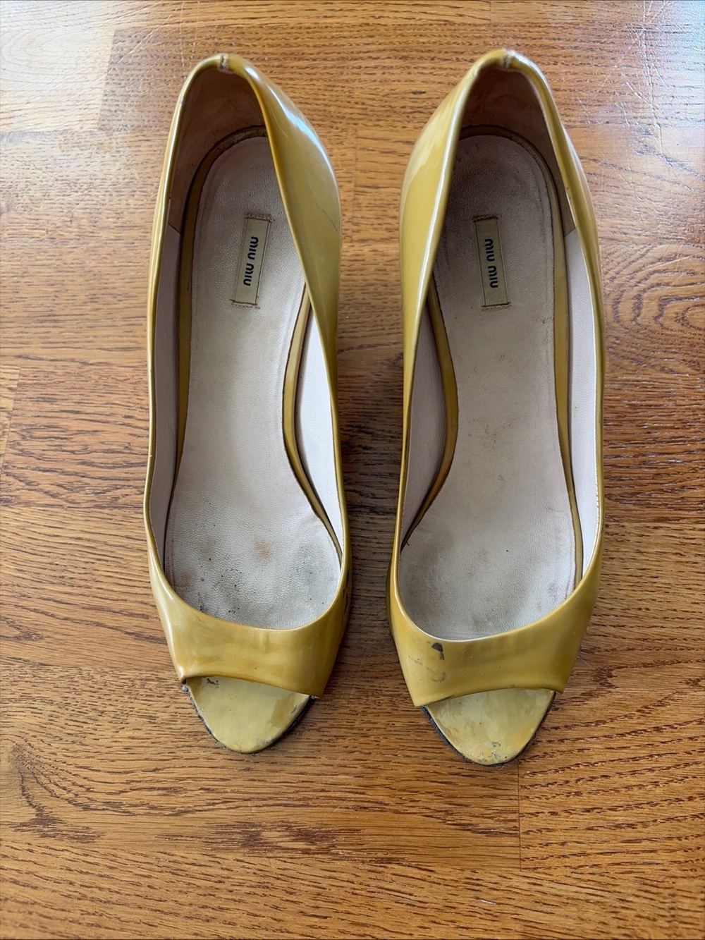 Miu Miu Wedge Pumps Shoes Women 36.5 Heels Open Peep Toe Yellow Patent Leather